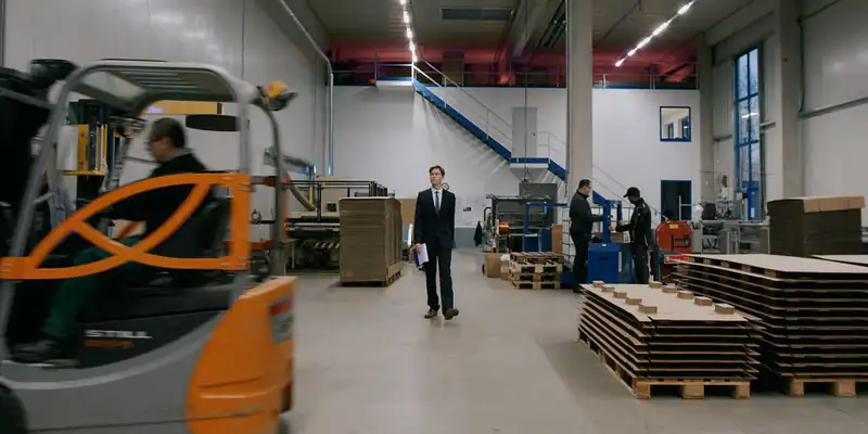 Weite Halle mit Gabelstapler und Holzpaletten, mittendrin der Betriebsprüfer aus dem ecoprotec-Film
